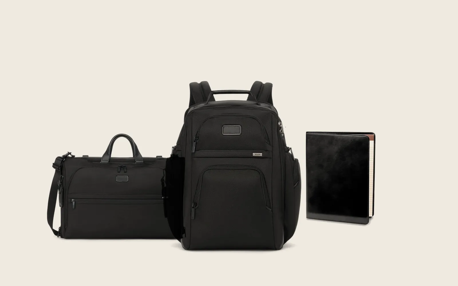 TUMI Alpha Brief Pack, TUMI Alpha Tri-Fold Garment Bag, Bosca Writing Pad Cover in Old Leather