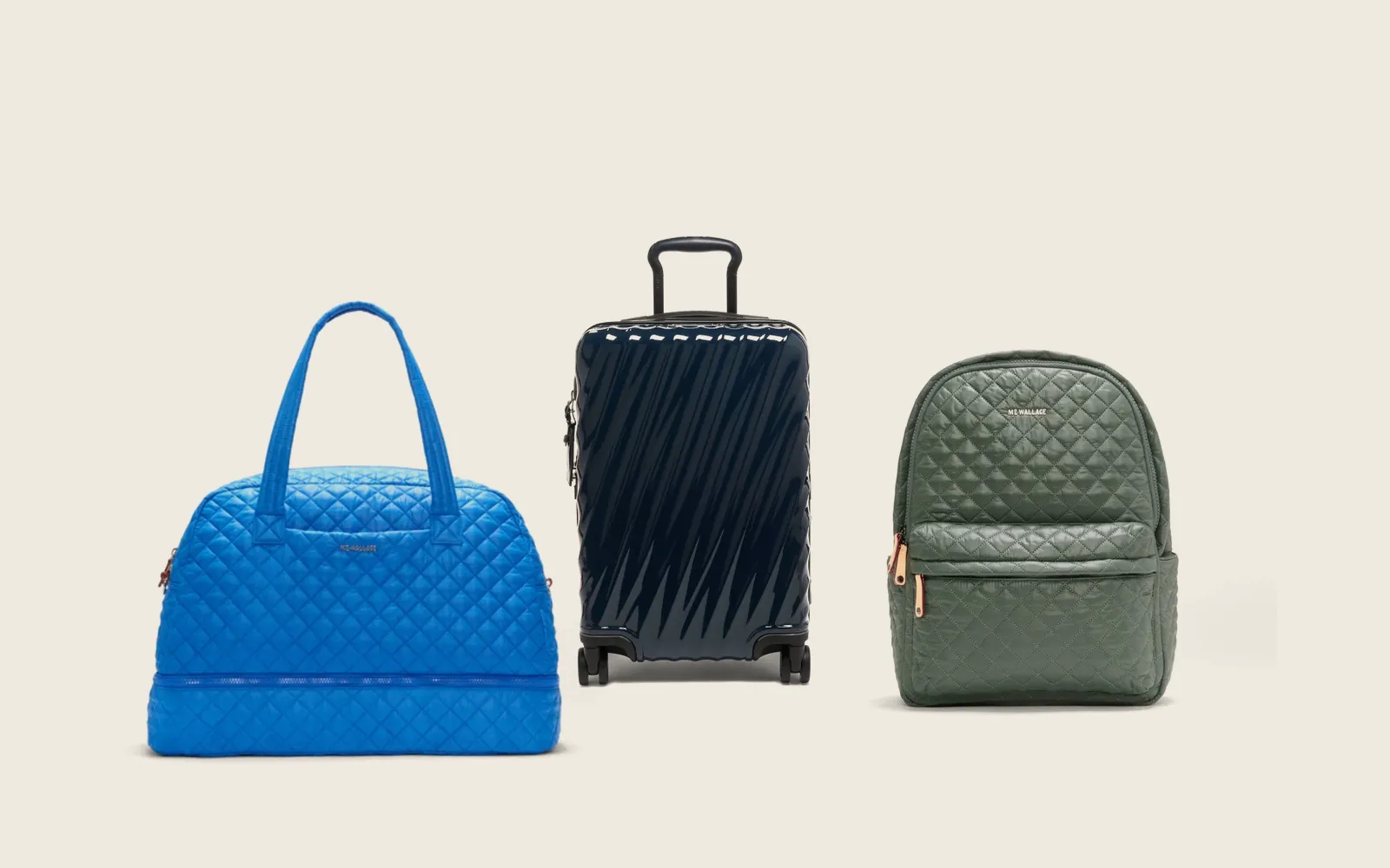 TUMI 19 Degree International Expandable 4 Wheeled Carry On, MZ Wallace Jim Overnight Duffel in Surf Blue, MZ Wallace Metro Backpack in Juniper