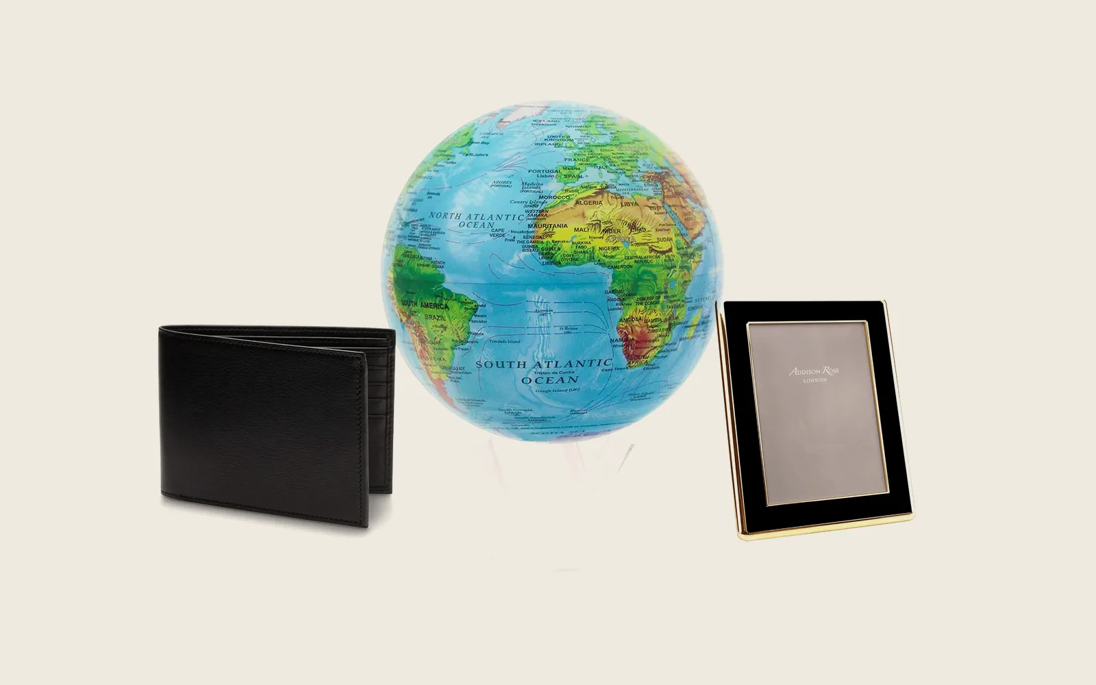 Mova Globe 6" Blue Relief Map with Acrylic Base, Bosca Bifold Wallet with ID Flap in Nappa Vitello, Black Enamel & Gold 5x7 Curved Frame