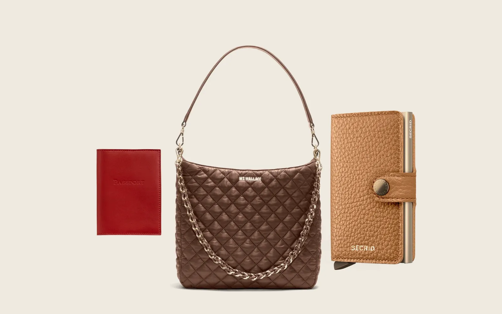 MZ Wallace Crosby Hobo in Walnut, Graphic Image Passport Cover, Secrid Miniwallet Pebble Cappuccino