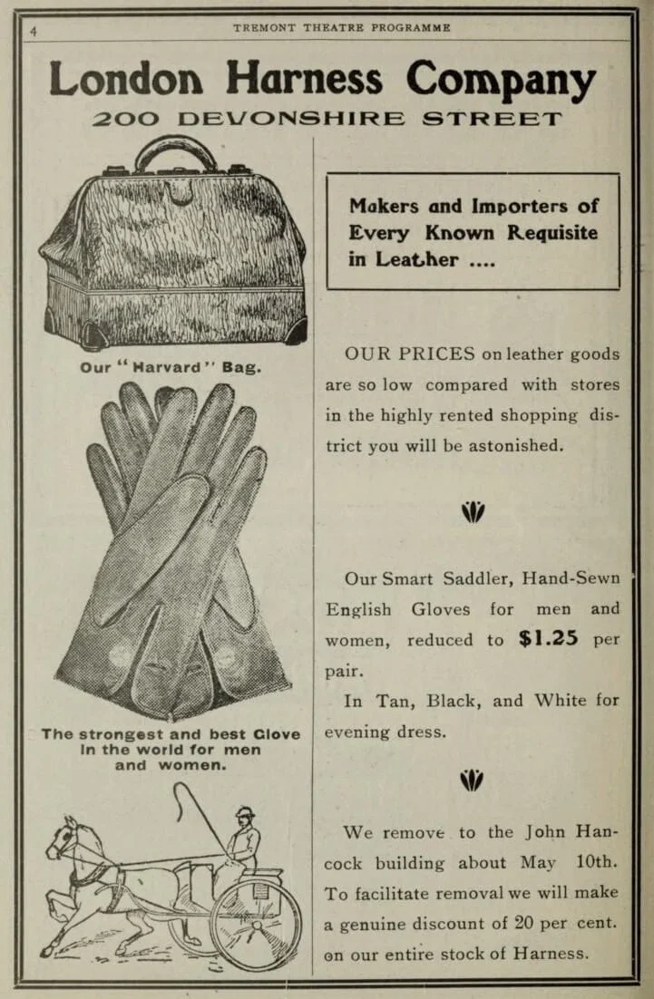 A 1905 advertisement for the London Harness Company, 200 Devonshire Street, Boston